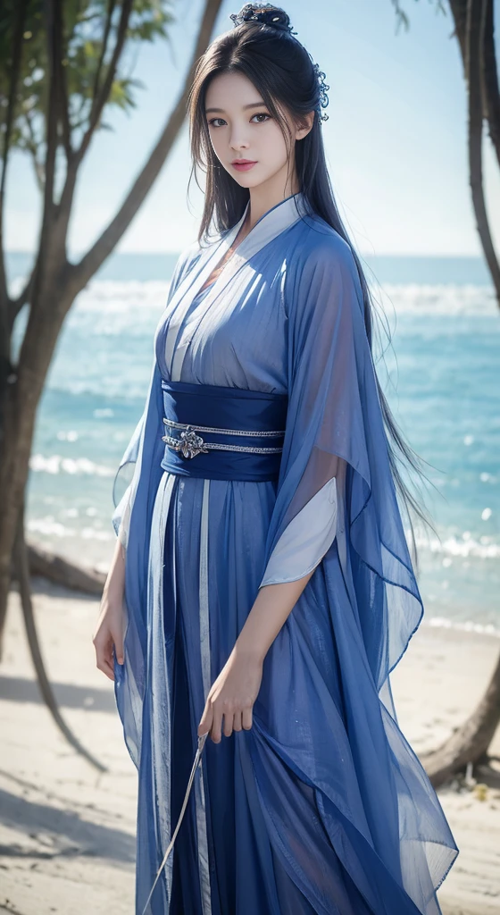 A 40-year-old woman in a blue dress stands on the beach, Digital painting inspired by blue eagle, cgsociety contest winner, Fantasyart, Queen of the Sea Mu Yanling, Dawn CG Association, beautiful fantasy empress, full body cgsociety, cgsociety 8k, cgsociety 8k, cgsociety 8k, cgsociety contest winner!!