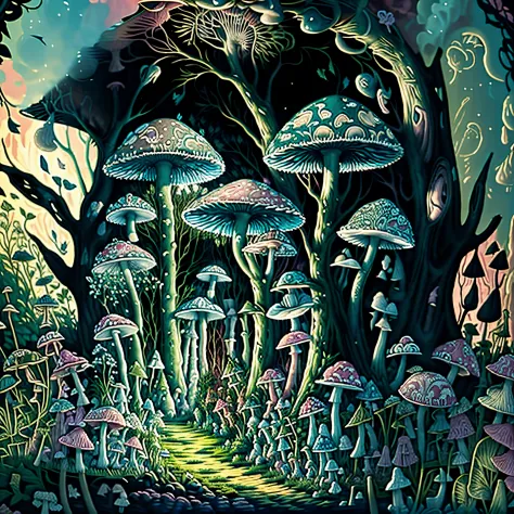 Magic mushrooms in psychedelic garden