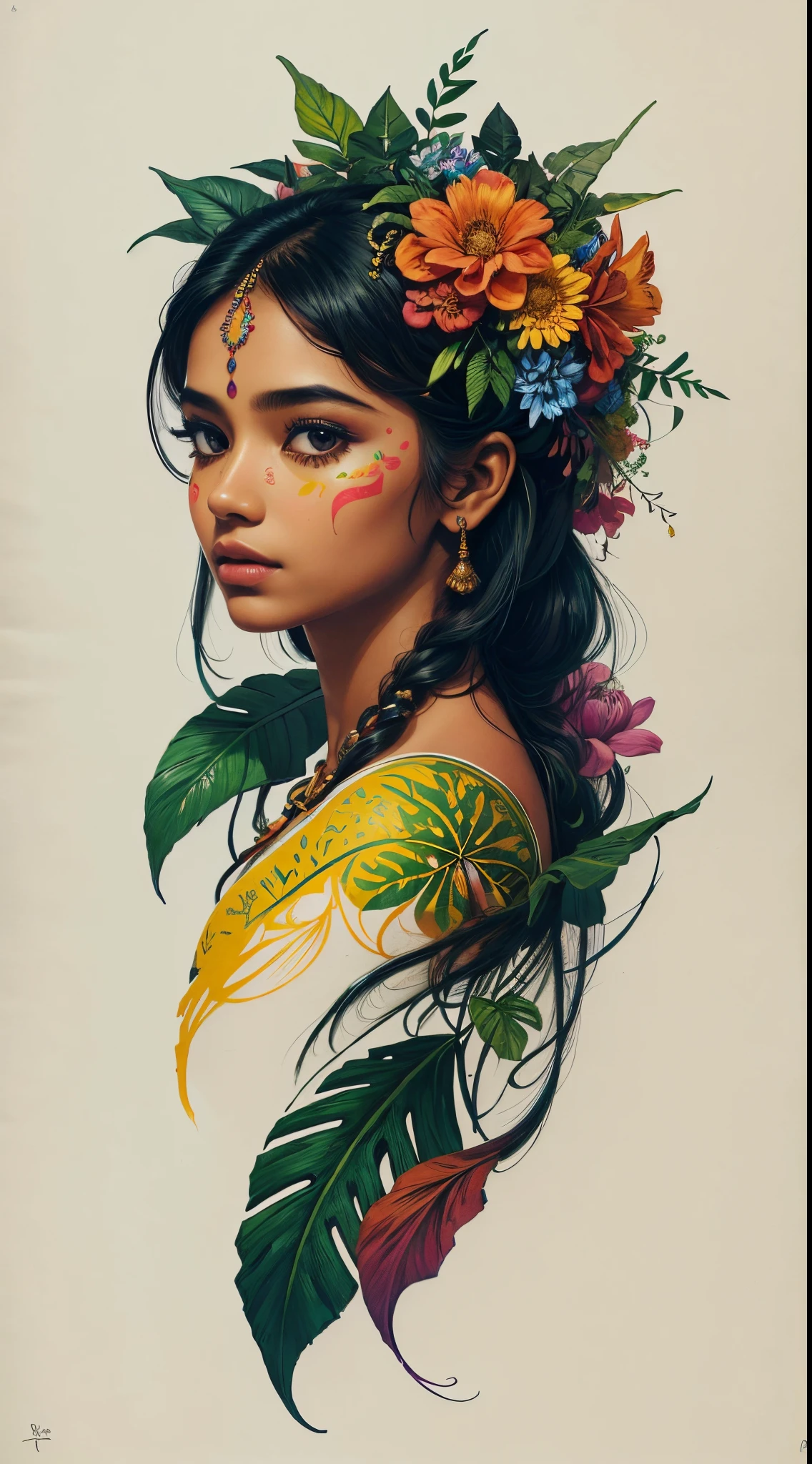 这张照片展示了一位令人惊叹、美丽的东印度女孩，她的身体与花朵和树叶融为一体, 鲜明的色彩, 采用高分辨率钢笔和墨水素描风格, 等距肖像, 硬边, 高质量, 极简主义艺术, 超高清, 4K, 8千