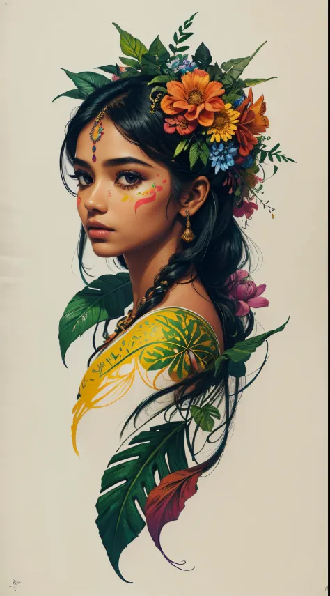 The image showcases a breathtaking and stunningly beautiful East Indian girl whose body is fused with flowers and foliage, vibra...