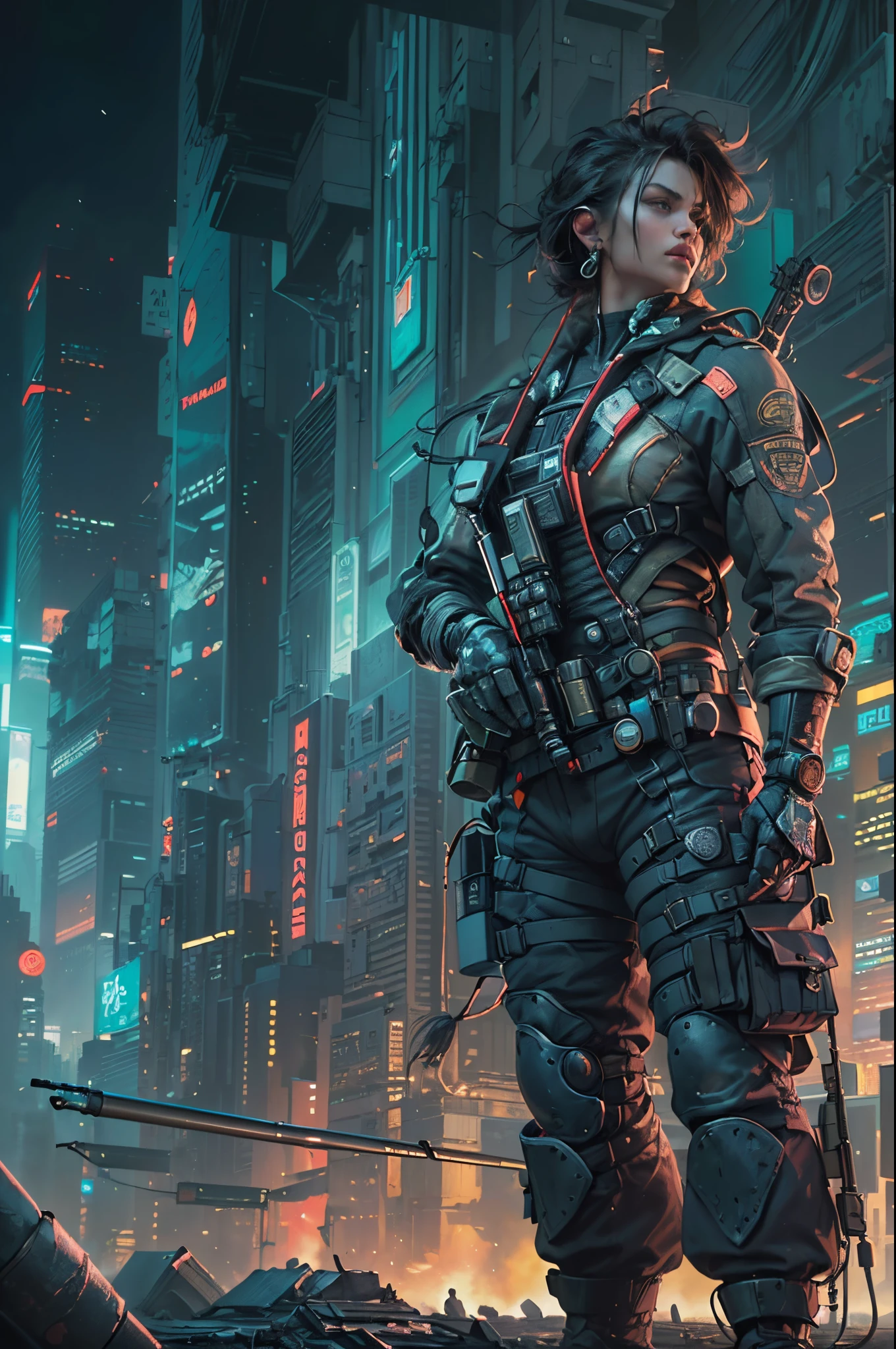 （(Multiple award-winning works, With incredible details, textures and maximum detail，(フォトリアリスティック))），(((Use cyberpunk style to depict a future war，Humanity&#39;s Holy War，)))，early evening，The setting sun slopes to the west，Lazy muscular heavy soldier yawning while standing next to LunarPunkAI sports car，in the shadows beside him，Hidden a reelmech girl，She is preparing to sneak attack the heavily armored soldiers。（(Handsome young boy，))，((Tall, well-proportioned middle-aged man))，heavy look， (Anatomically correct limbs and physique:1.5), (Anatomically correct perspective and occlusion：1.5)，(Gender characteristics are very obvious：1.5)，(correct faces), wide angles，(((Correct ratio of people to vehicles：1.6)))，((Add some scenes：trench，Arsenal，lots of gunoon Night，Huge full moon，bedazzled，cyberpunk city landscape, skyscrapper, ))， (Complicated details:1.1), the complex background))， ((Bright and vivid color scheme：1.7))，((dynamic viewing angle+dynamic combination))，
