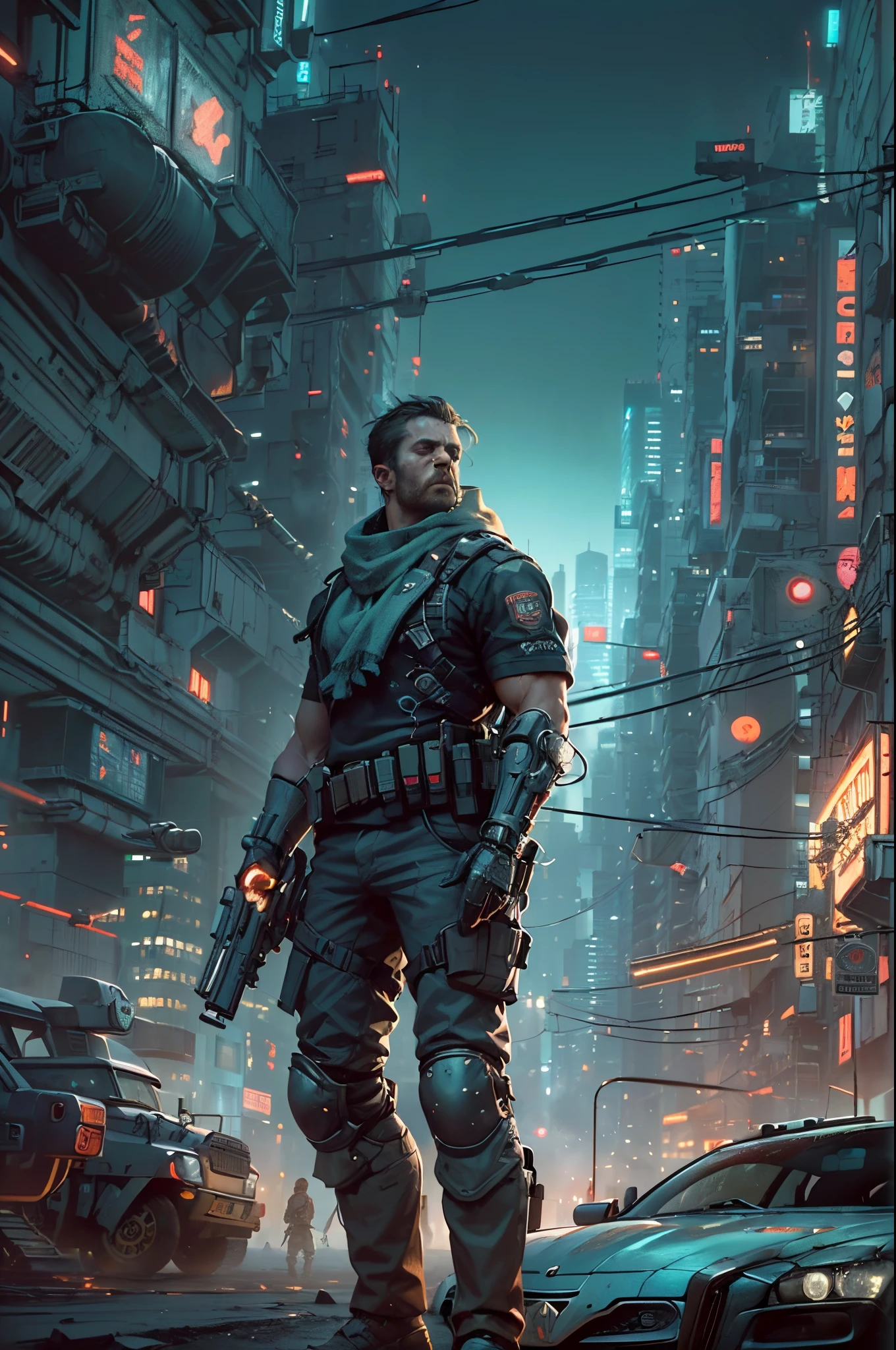 （(Multiple award-winning works, With incredible details, textures and maximum detail，(フォトリアリスティック))），(((Use cyberpunk style to depict a future war，Humanity&#39;s Holy War，)))，early evening，The setting sun slopes to the west，Lazy muscular heavy soldier yawning while standing next to LunarPunkAI sports car，in the shadows beside him，Hidden a reelmech girl，She is preparing to sneak attack the heavily armored soldiers。（(Handsome young boy，))，((Tall, well-proportioned middle-aged man))，heavy look， (Anatomically correct limbs and physique:1.5), (Anatomically correct perspective and occlusion：1.5)，(Gender characteristics are very obvious：1.5)，(correct faces), wide angles，(((Correct ratio of people to vehicles：1.6)))，((Add some scenes：trench，Arsenal，lots of gunoon Night，Huge full moon，bedazzled，cyberpunk city landscape, skyscrapper, ))， (Complicated details:1.1), the complex background))， ((Bright and vivid color scheme：1.7))，((dynamic viewing angle+dynamic combination))，