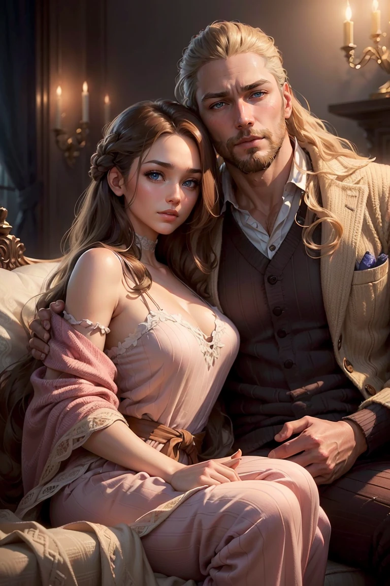 ((A couple in love)), ((woman with long brown hair, blue eyes dressed in pajams)), sitting by a fireplace with ((man with short blonde hair and a beard dressed in pajamas)), (((snuggle))),  hair with many details, 8k artgerm bokeh, fanart best artstation, render photorealistic,  guweiz-style art, inspired by WLOP, ig model | artgerm, detailed waist up portrait, stunning wais t up portrait of realistic face, beautiful waist up portrait, deviantart artstation cgscosiety, cinematic realistic portrait, high quality portrait, elegant digital painting, photorealistic artstyle, ((dimly lit living background))