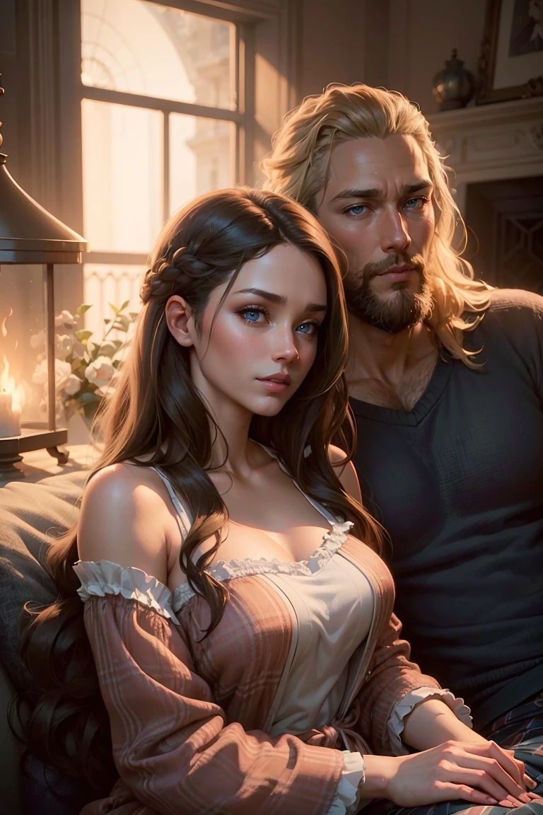 ((A couple in love)), ((woman with long brown hair, blue eyes dressed in pajams)), sitting by a fireplace with ((man with short blonde hair and a beard dressed in pajamas)), (((snuggle))),  hair with many details, 8k artgerm bokeh, fanart best artstation, render photorealistic,  guweiz-style art, inspired by WLOP, ig model | artgerm, detailed waist up portrait, stunning wais t up portrait of realistic face, beautiful waist up portrait, deviantart artstation cgscosiety, cinematic realistic portrait, high quality portrait, elegant digital painting, photorealistic artstyle, ((dimly lit living background))