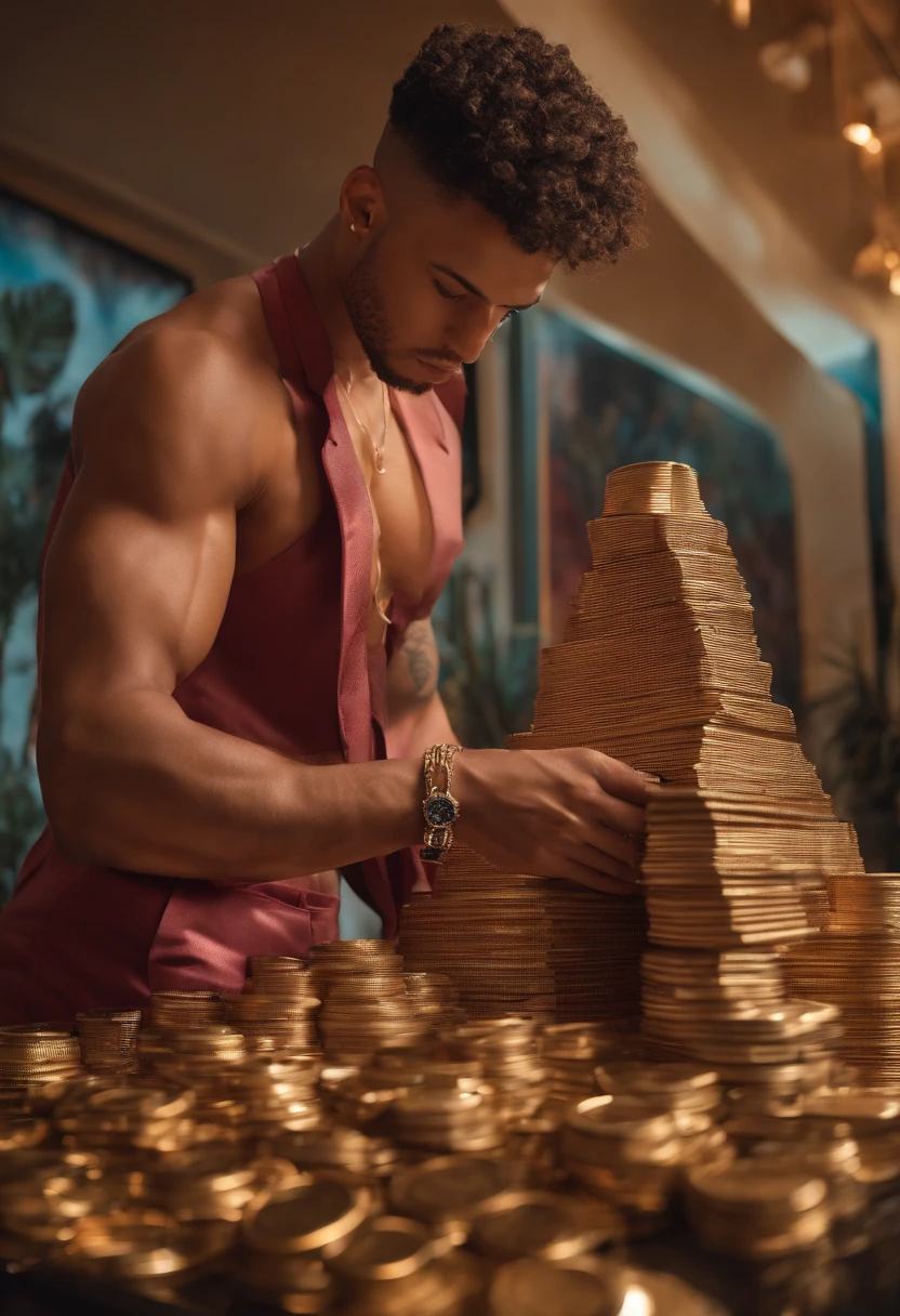 The image is of the character posing with a stack of NFTs in a flashy art gallery in Miami.,original,25 years old, has shaved sides but curly hair on top. Lives in Miami. Drives a g wagon,