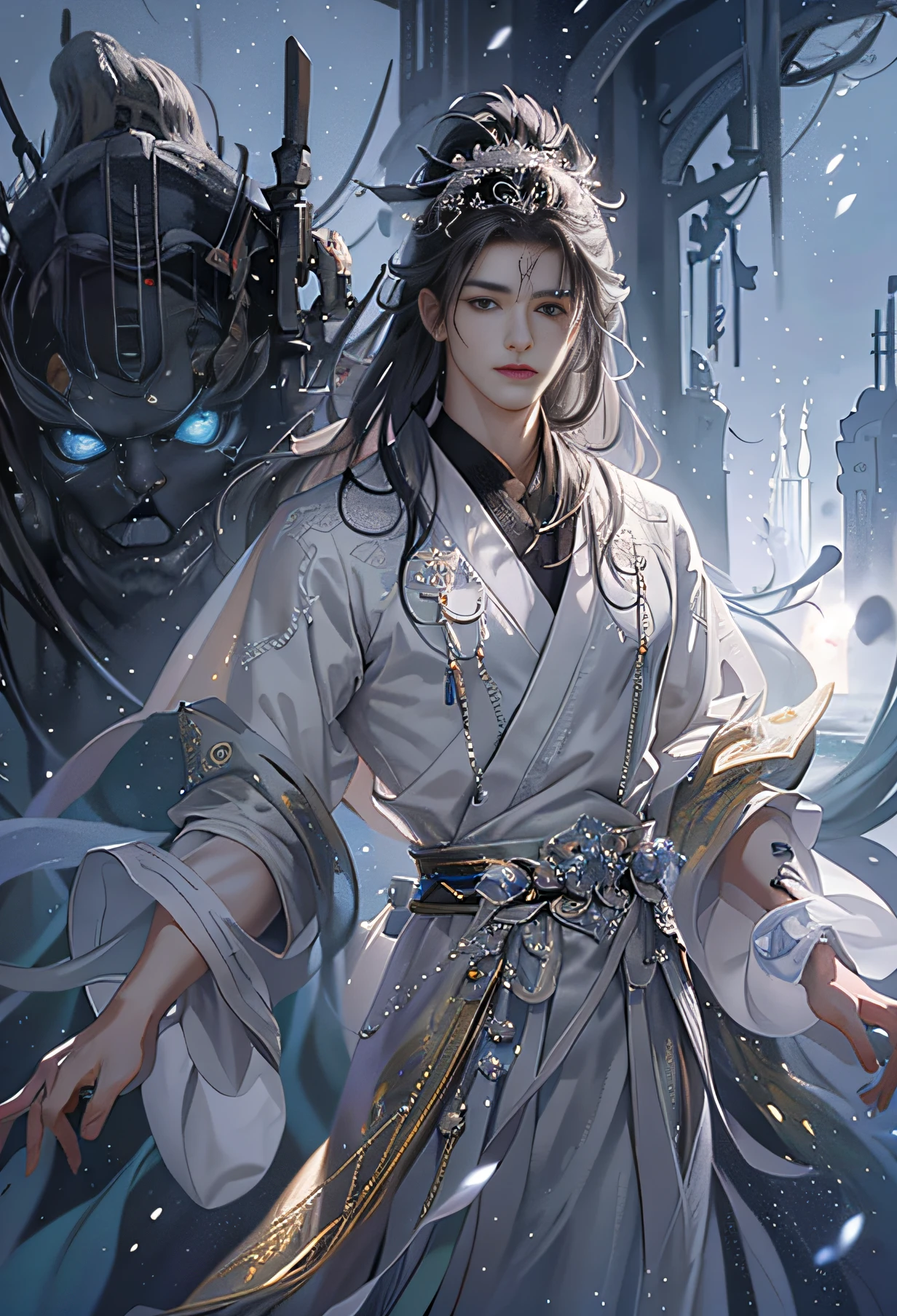 (Extremely Delicately Beautiful:1.2), 8K, (tmasterpiece, The best:1.0), , (long_plata_the hair_male people:1.5), Upper body body, along_male with hair, (totally symmetrical_eyed:1.3) Cool and attractive, evil_staredown, dressed white hanfu, and intricate details, and intricate details, Exquisite eyes and delicate face, perfect  eyes, equal gaze, Fantastic light and shadow、white room background、 Uses backlight and rim light