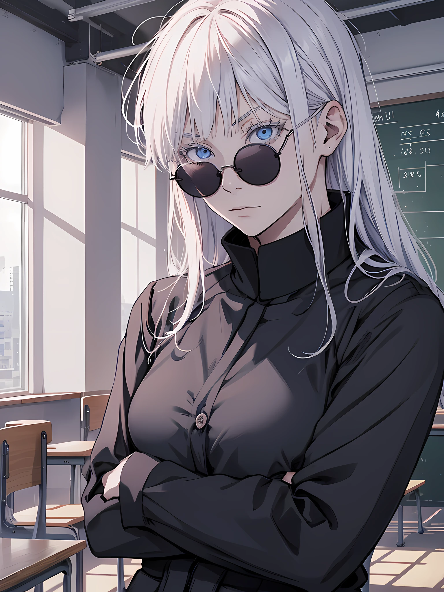 Anime girl with white hair and glasses standing in a classroom - SeaArt AI