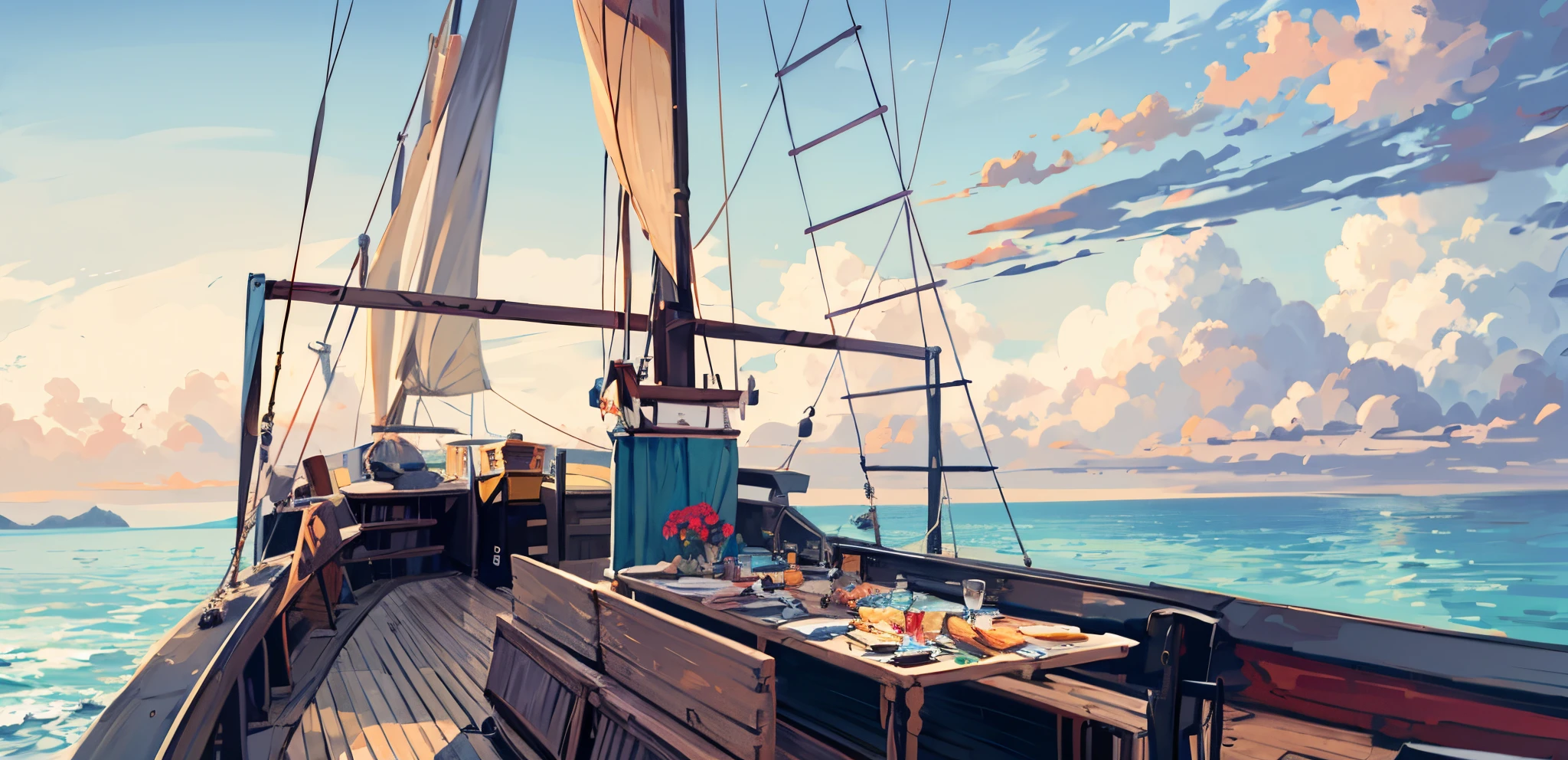 Pirate ship, local, details, day, clear, noon, ((sunny)), noon, bow details, ship,watercraft, ocean, ship, cloud, ((blue sky)), boat, scenery, outdoors, bird, water, horizon, no humans,  waves, sun