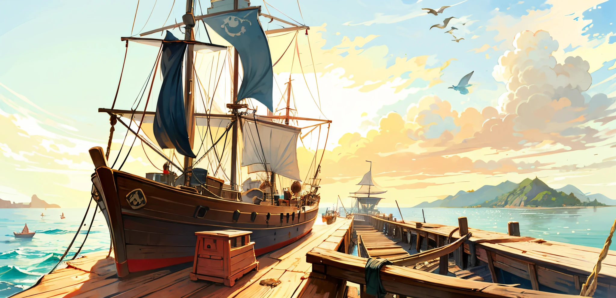 Pirate bateau, Locale, détails, jour, clair, midi, ((soleilny)), midi, bow détails, bateau,eaucraft, Océan, bateau, nuage, ((ciel bleu)), bateau, paysage, En plein air, oiseau, eau, horizon, pas d&#39;humains,  vagues, soleil