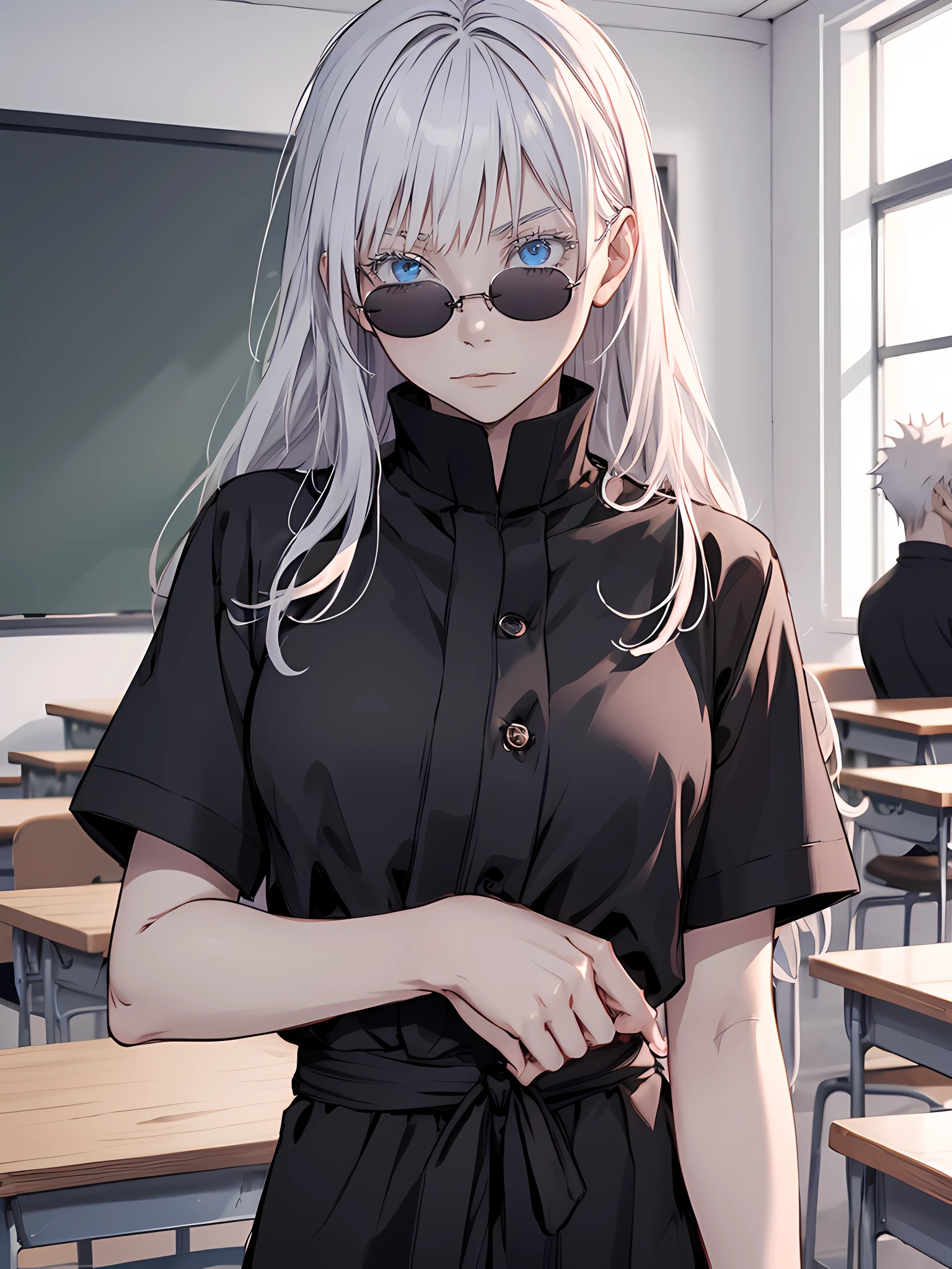 Anime girl with white hair and blue eyes standing in a classroom - SeaArt AI