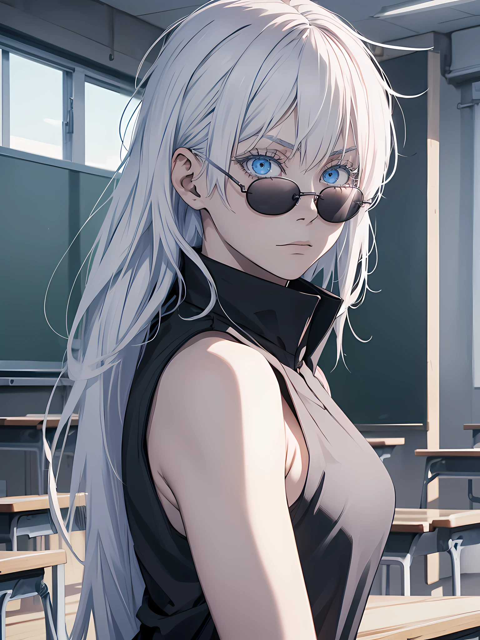 Anime girl with white hair and blue eyes in a classroom - SeaArt AI