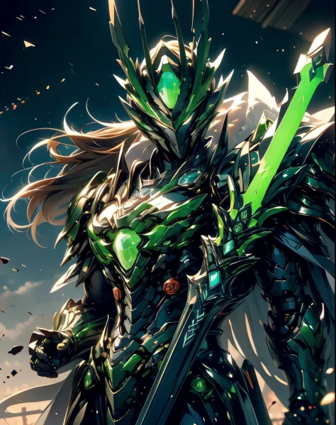 Super realistic, Hyper realistic, super detailed, (Cyber Samurai, 1boy, ((Solo)), have a green weapon, Wearing black armor and m...