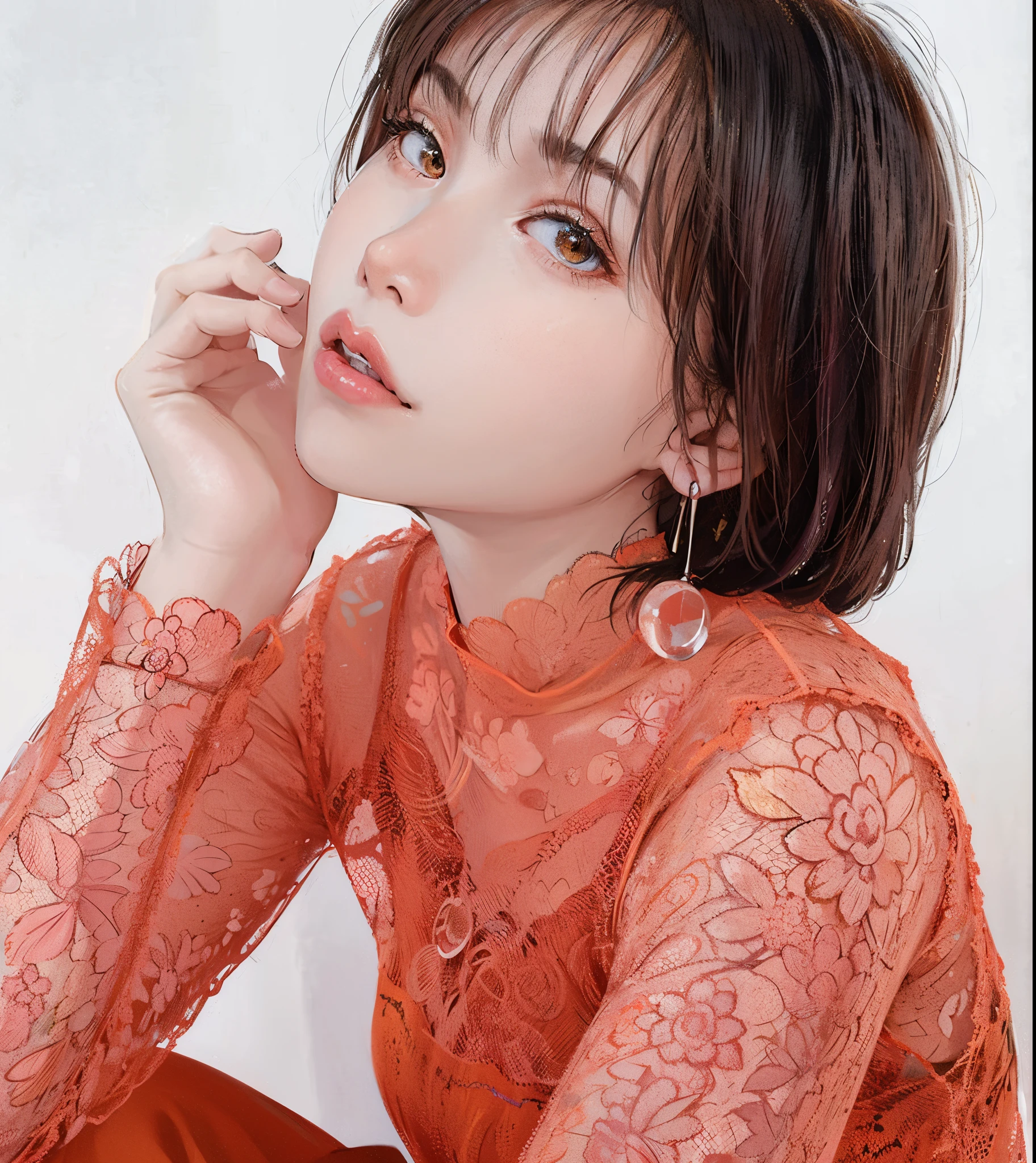 um close-up de uma mulher em uma blusa laranja transparente posando para uma foto, Kiko Mizuhara, lalisa manobal, chiho, Yoshitomo Nara, Sun Yunjoo, shikami, O lema é Teshirogi, sakimichan, 🚿🗝📝, heonhwa choe