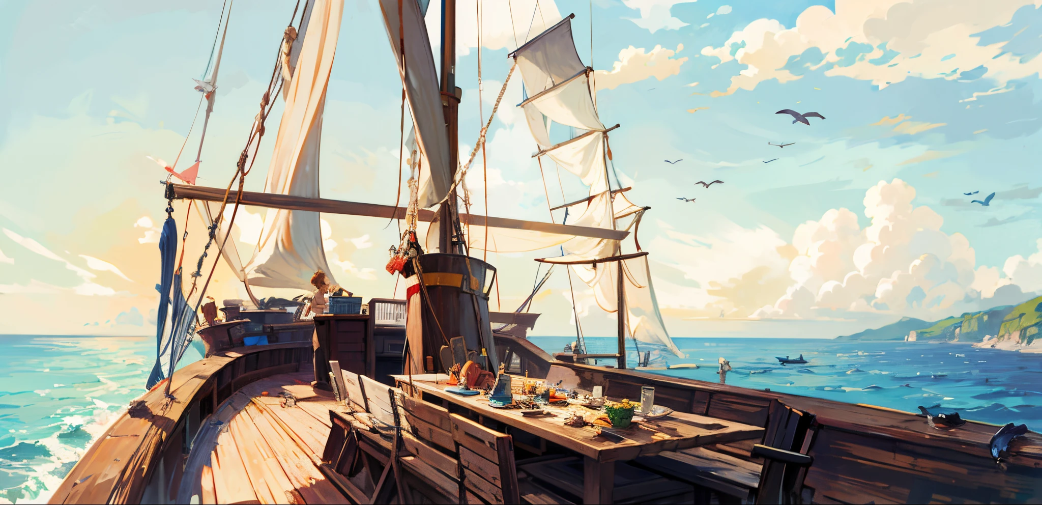 pirate ships, Local, the detail, day, Scavenging, at noon, ((and the sun was shining brightly)), at noon, bow detail, Boat,vessels, the ocean, Boat, cloud, ((blue-sky)), Boat, scenecy, Outdoor sports, That bird, Eau, horizon, without humans,  swell sea, suns