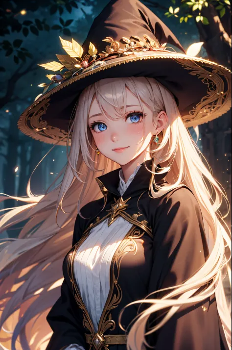 (high quality, high resolution, fine details), realistic, (fantasy), detailed female wizard with long flowing robes, pointed hat...