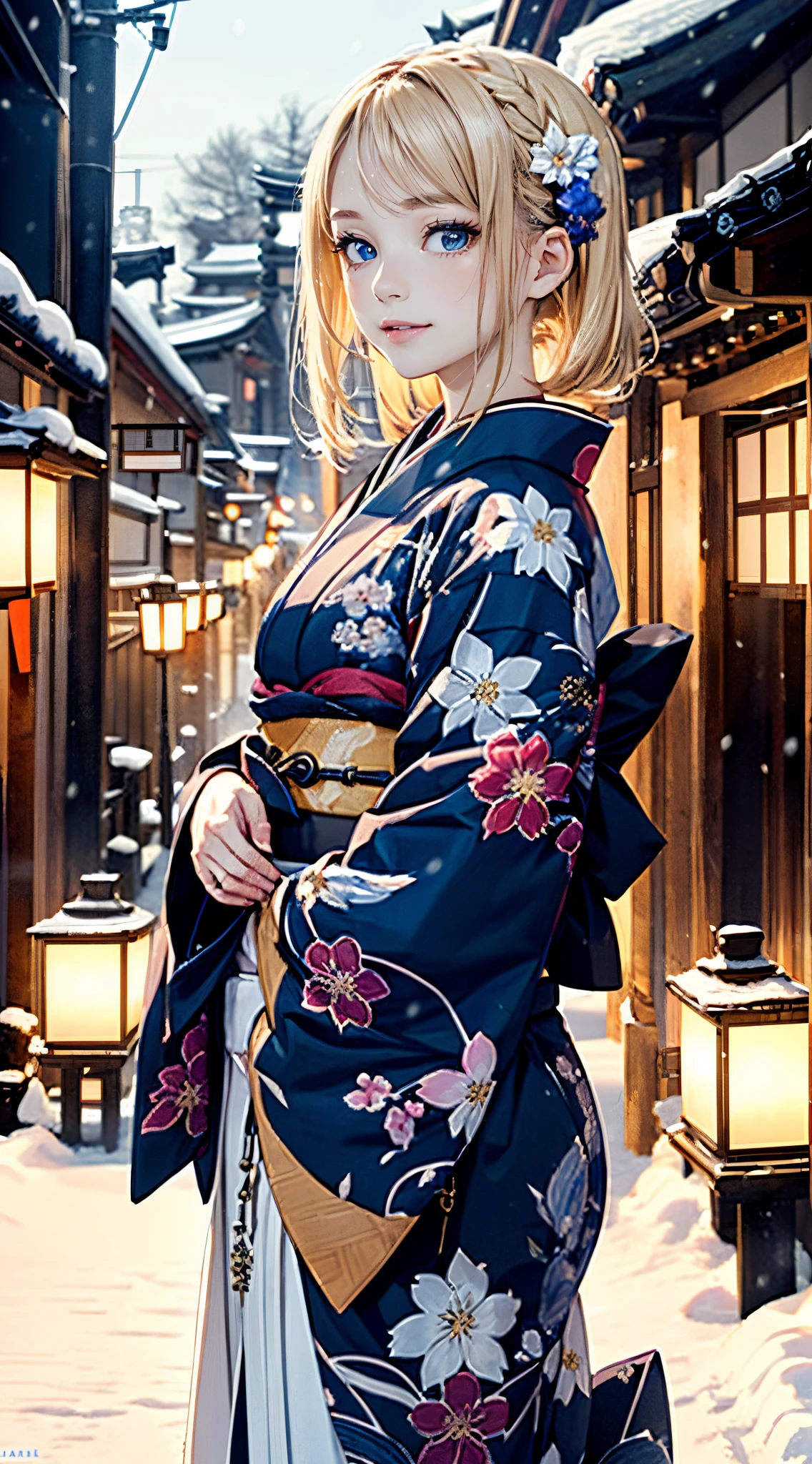 Woman in kimono outfit standing in snow covered alley with lanterns -  SeaArt AI