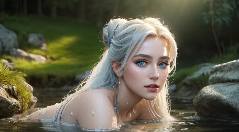 A beautiful masterpiece., bestquality. Half-body portrait of Elsa naked, bathing, with long white hair bun., blue eyes, Rocks ne...