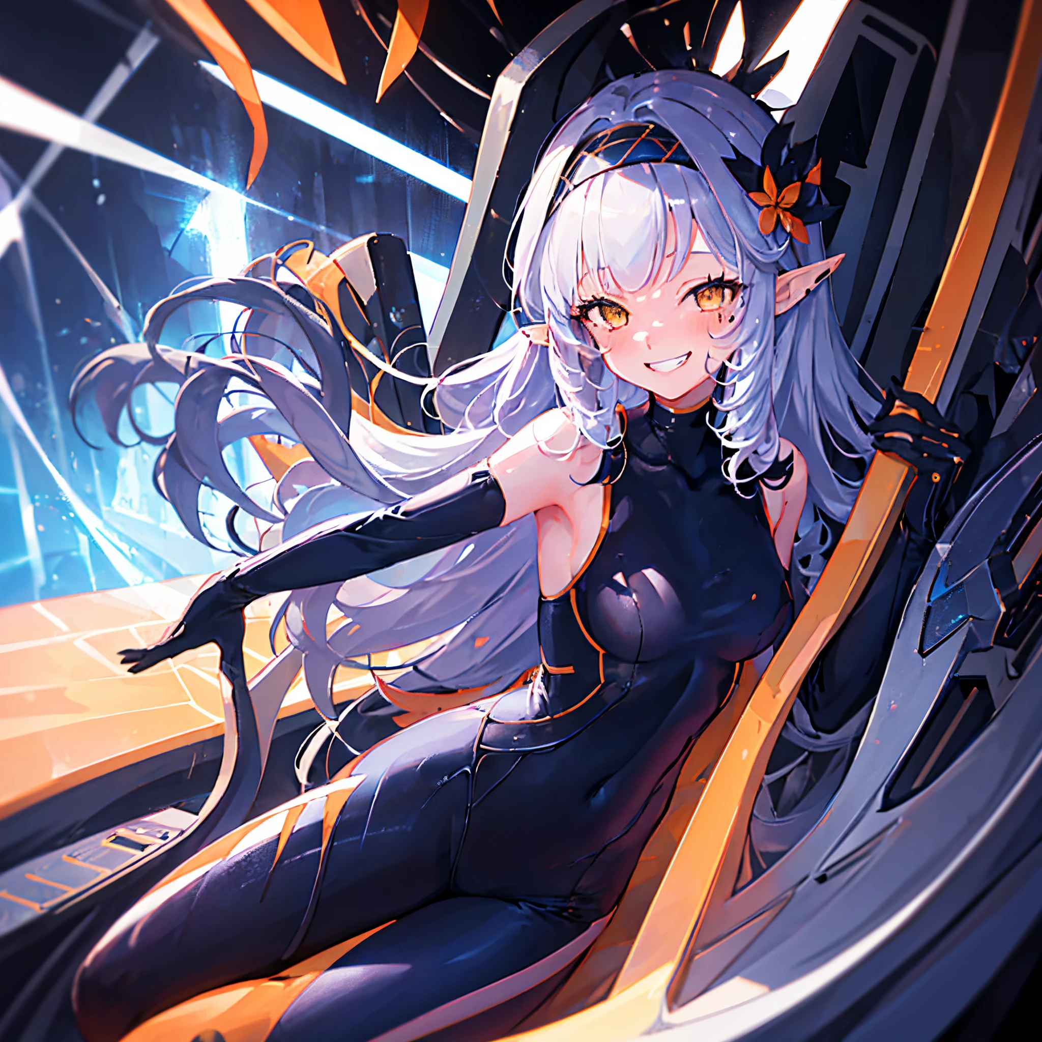 1 girl, solo, Himari, full picture, young woman, small breasts, black hair with blue tips, long hair, long pointy ears, yellow eyes, hairband, cute bird hair accessory, mecha_girl, cyber_eyes, grin, crazy smile, wide open eyes, orange and black combat bodysuit