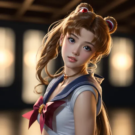 A real life adaption of tsukino usagi,from the world of Sailor Moon, exquisite face, front view, symmetry, side lighting, indoor...