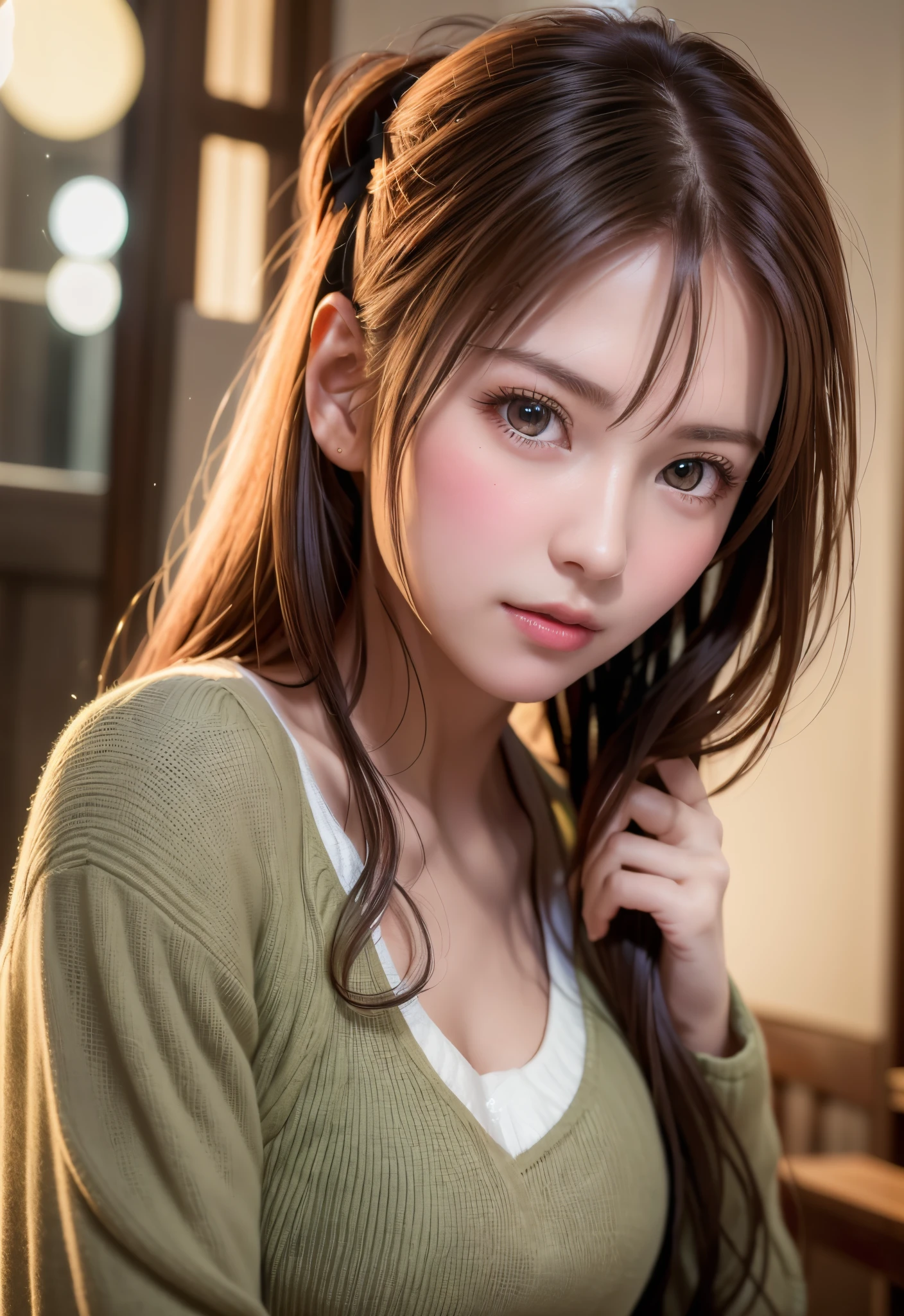 8K, of the highest quality, masutepiece:1.2), (Realistic, Photorealsitic:1.37), of the highest quality, masutepiece, Beautiful young woman, Pensive expression,、A charming、and an inviting look, cute santa clothes, Hair tied back, Cinematic background, Light skin tone