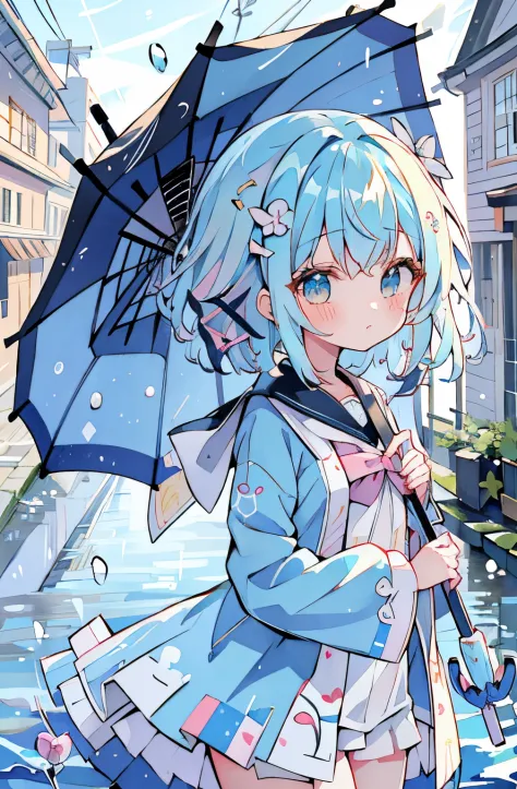 absurderes, hight resolution, (Anime style:1.1), ((masutepiece)), ((Best Quality)), (Ultra-detailed), (Beautiful),Beautiful face、(liftup),Cute little girl s、((umbrellas、Holding an umbrella))puddle、(((full bodyesbian)))Light blue hair、a sailor suit、Light bl...