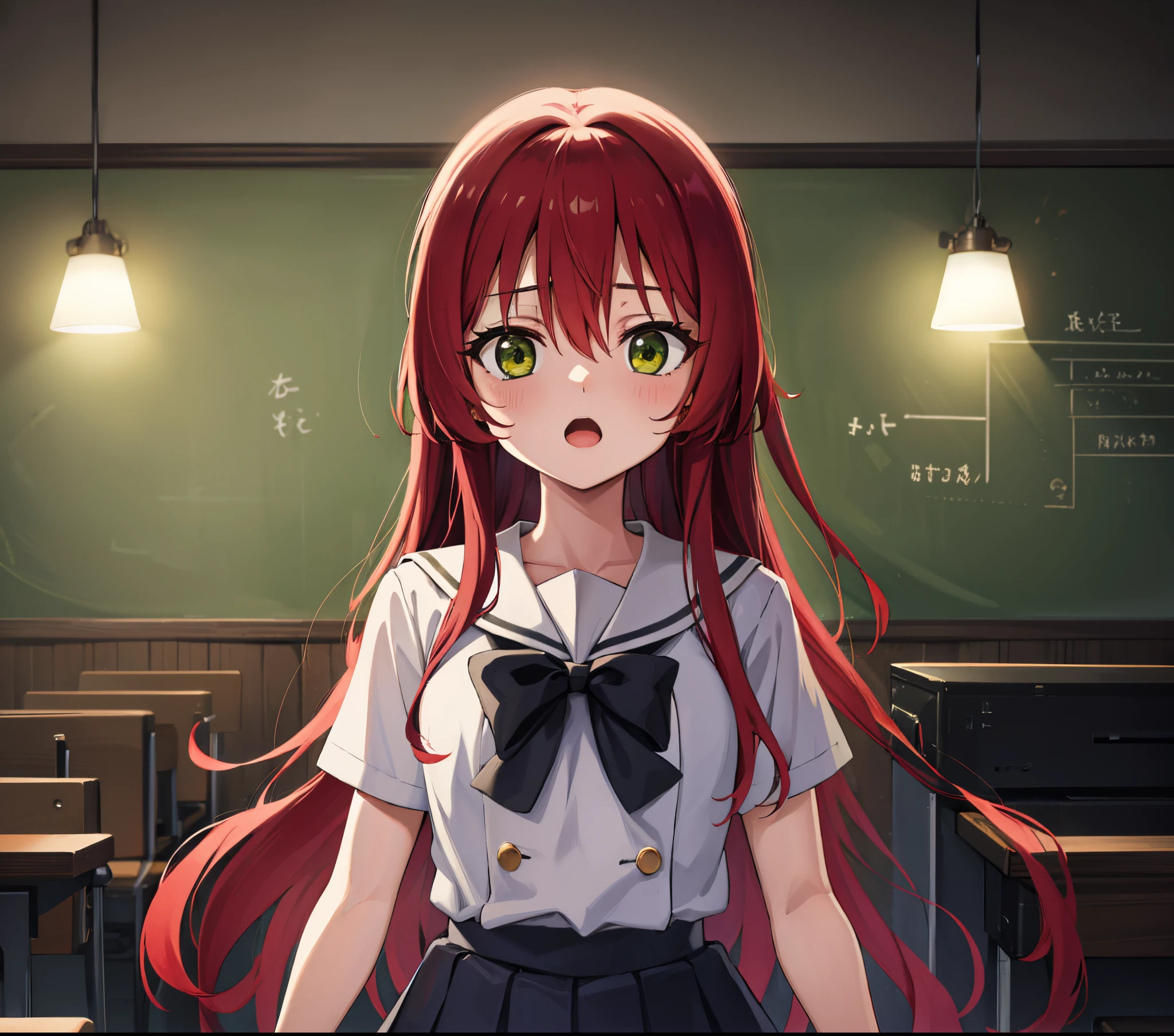 kitaikuyo, ikuyo kita, (green eyes:1.5), hair between eyes, long hair, one side up, red hair, (flat chest:1.2),
BREAK black footwear, black skirt, grey sailor collar, pleated skirt, sailor collar, school uniform, shoes, short sleeves, shuka high school uniform, skirt,,
BREAK looking at viewer,
BREAK indoors, classroom,
BREAK (masterpiece:1.2), best quality, high resolution, unity 8k wallpaper, (illustration:0.8), (beautiful detailed eyes:1.6), extremely detailed face, perfect lighting, extremely detailed CG, (perfect hands, perfect anatomy),up chest.big breasts.Sad face.open mouth.