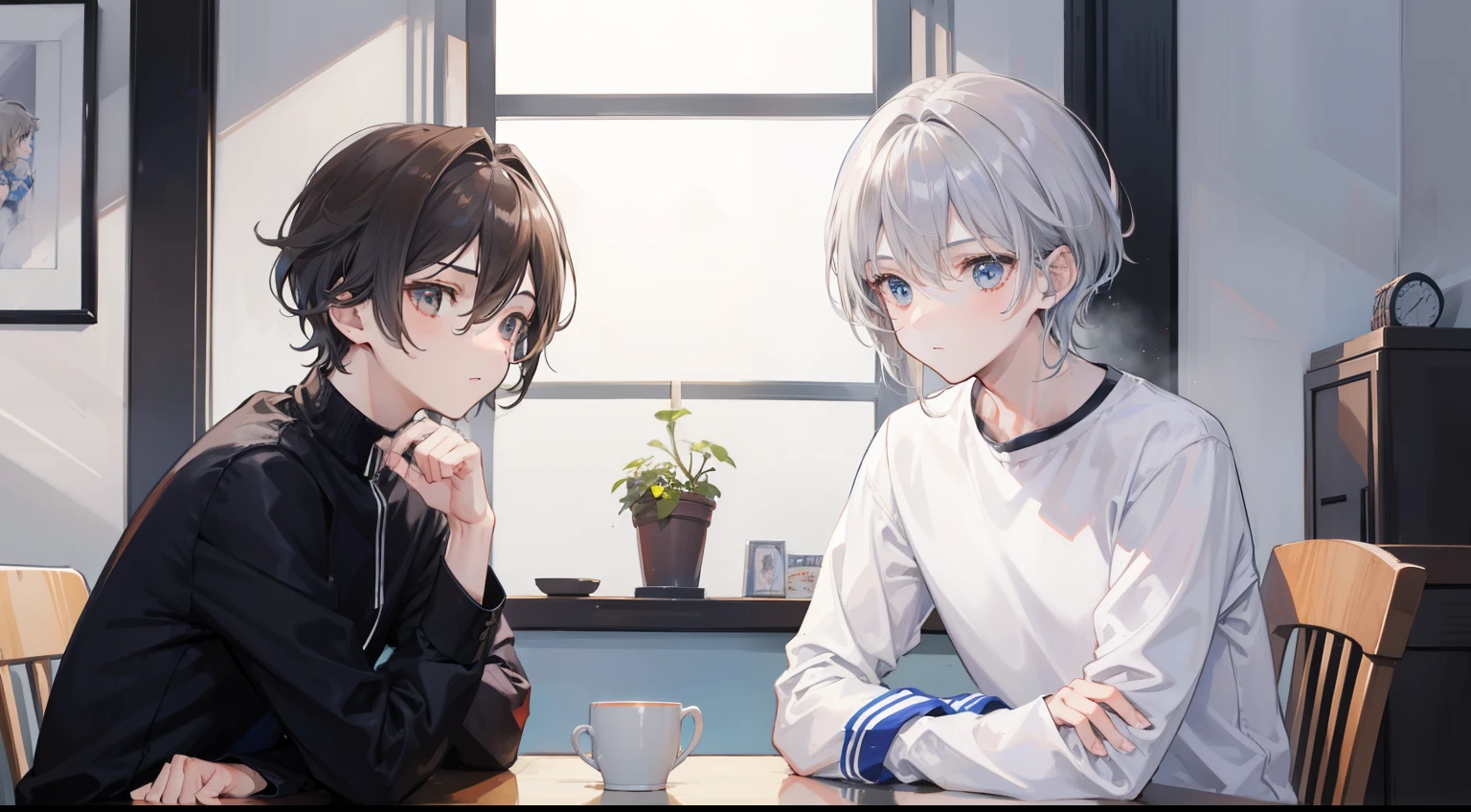 Anime characters sitting at a table with a cup of coffee - SeaArt AI