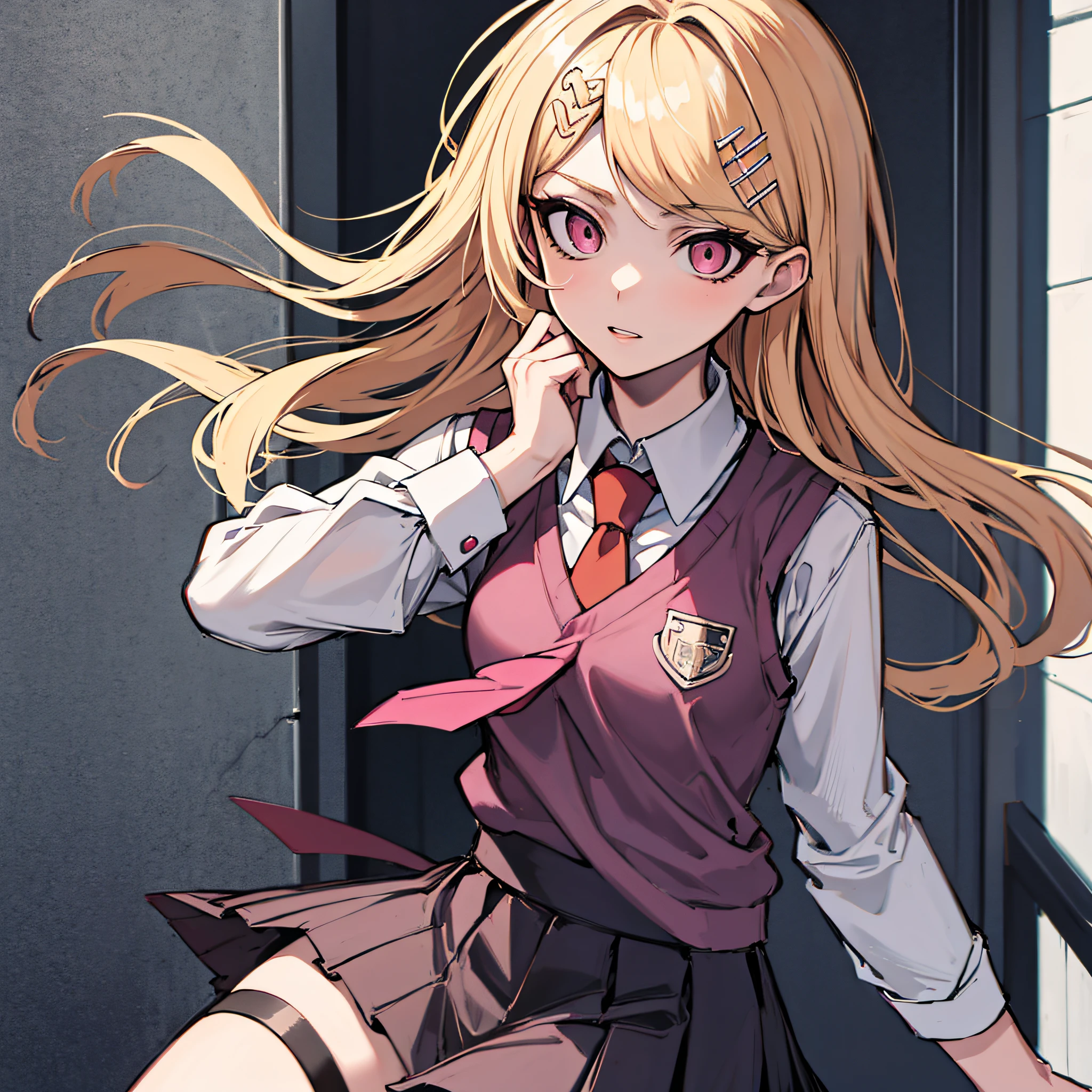 (absurdres, 8k, 4k, masterpiece, hyper extreme detailed:1.2), solo, front view portrait, best quality, portrait, solo, adult, cowboyshot, perfect anatomy, 1girl, perfect face, expressive eyes, perfect eyes, t-shirt, standing up, standing against wall, standing, kaede akamatsu, ahoge, blonde hair, hair ornament, long hair, musical note, musical note hair ornament, (pink eyes:1.2), hair ornament, necktie, pleated skirt, school uniform, skirt, sweater vest, kaedeakamatsu, kaede akamatsu, ahoge, blonde hair, hair ornament, long hair, musical note, musical note hair ornament, (pink eyes:1.2), BREAK hair ornament, necktie, pleated skirt, school uniform, skirt, sweater vest,, BREAK outdoors, city, BREAK looking at viewer