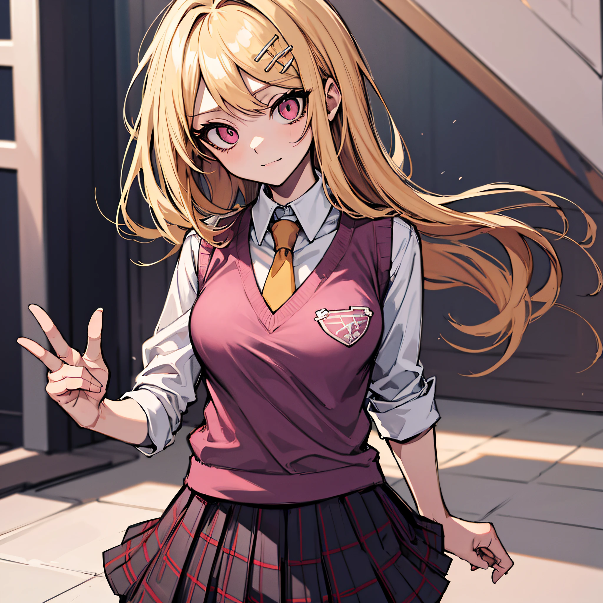 (absurdres, 8k, 4k, masterpiece, hyper extreme detailed:1.2), solo, front view portrait, best quality, portrait, solo, adult, cowboyshot, perfect anatomy, 1girl, perfect face, expressive eyes, perfect eyes, t-shirt, standing up, standing against wall, standing, kaede akamatsu, ahoge, blonde hair, hair ornament, long hair, musical note, musical note hair ornament, (pink eyes:1.2), hair ornament, necktie, pleated skirt, school uniform, skirt, sweater vest,