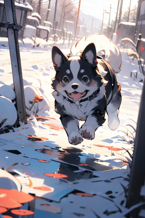a Dog、Running around in a snowy field、wide Shots、masutepiece、pixiv、top-quality、detail portrayal、Backgrounds with depth、