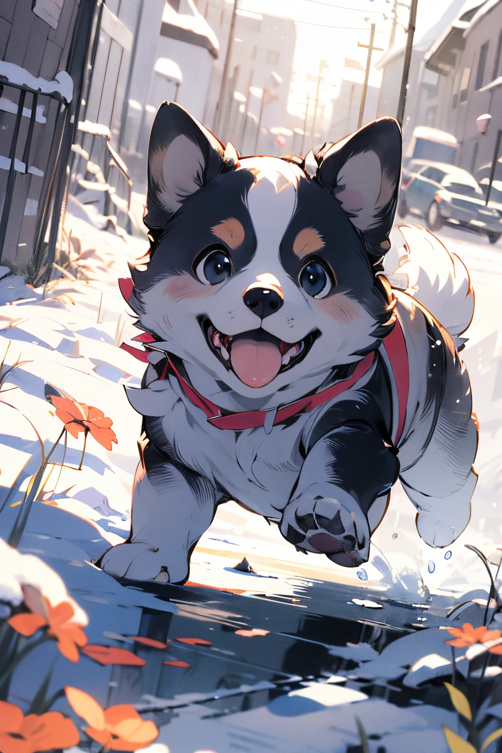 um cachorro、Correndo em um campo nevado、Tiros amplos、mesa、pixiv、qualidade máxima、retrato detalhado、Fundos com profundidade、