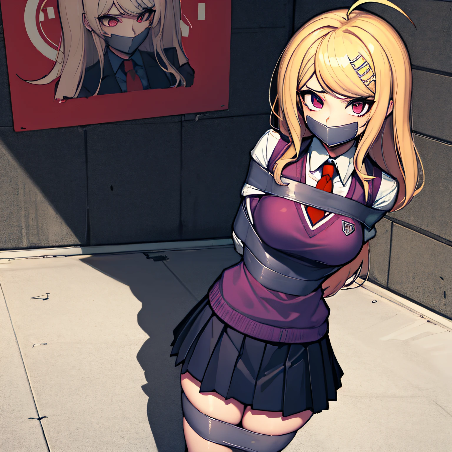 (absurdres, 8k, 4k, masterpiece, hyper extreme detailed:1.2), solo, front view portrait, best quality, portrait, solo, adult, cowboyshot, perfect anatomy, 1girl, perfect face, expressive eyes, perfect eyes, t-shirt, standing up, standing against wall, standing, kaede akamatsu, ahoge, blonde hair, hair ornament, long hair, musical note, musical note hair ornament, (pink eyes:1.2), hair ornament, necktie, pleated skirt, school uniform, skirt, sweater vest, kaedeakamatsu, kaede akamatsu, ahoge, blonde hair, hair ornament, long hair, musical note, musical note hair ornament, (pink eyes:1.2), BREAK hair ornament, necktie, pleated skirt, , skirt, sweater vest,, BREAK outdoors, city, BREAK looking at viewer, BREAK  bound, bondage, (arms behind back:1.4), bdsm, tape gag, tape, tape bondage, close-up, restrained, best anatomy, half body, taped thighs, taped legs, legs together, tape wrapped, wrap gag, tightly bound, tape wrapped around face, tape above breasts, tape below breasts, light blonde hair