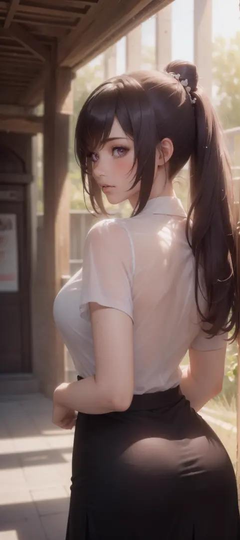 (1girl:1.3), (photorealistic:1.4), (masterpiece, top quality, best quality, official art), extreme detailed, highest detailed, (ultra-detailed), ((an extremely delicate and beautiful)), cinematic light, contemporary, silky long hair, she standing at the st...