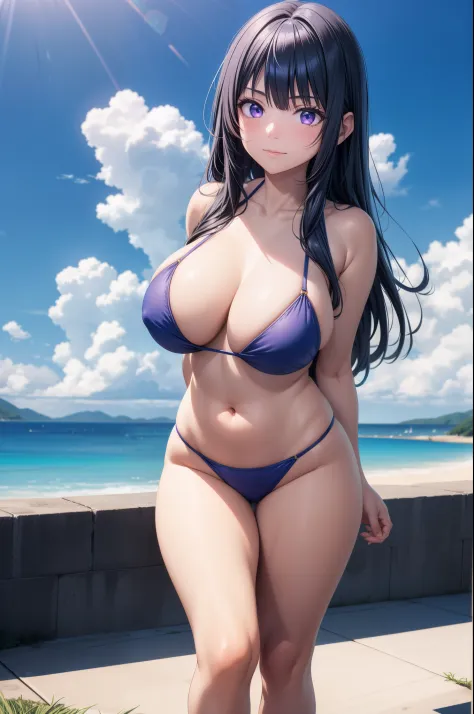 masterpiece, solo, 1girl, thea, straight navy blue hair, long hair, purple eyes, dazzlingly beautiful face, curvy figure, closed mouth, large breasts, bikini, blue sky, cloud, sunny, summer, beach, standing, (arms behind back)