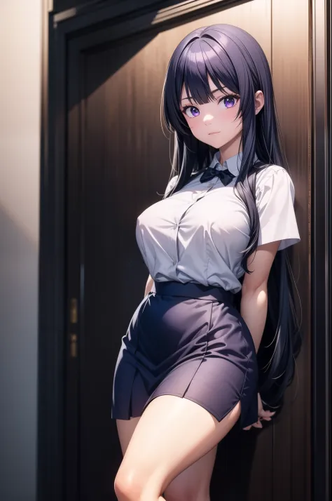 masterpiece, solo, 1girl, thea, straight navy blue hair, long hair, purple eyes, dazzlingly beautiful face, curvy figure, closed mouth, large breasts, school uniform, white shirt, skirt, standing, (arms behind back)