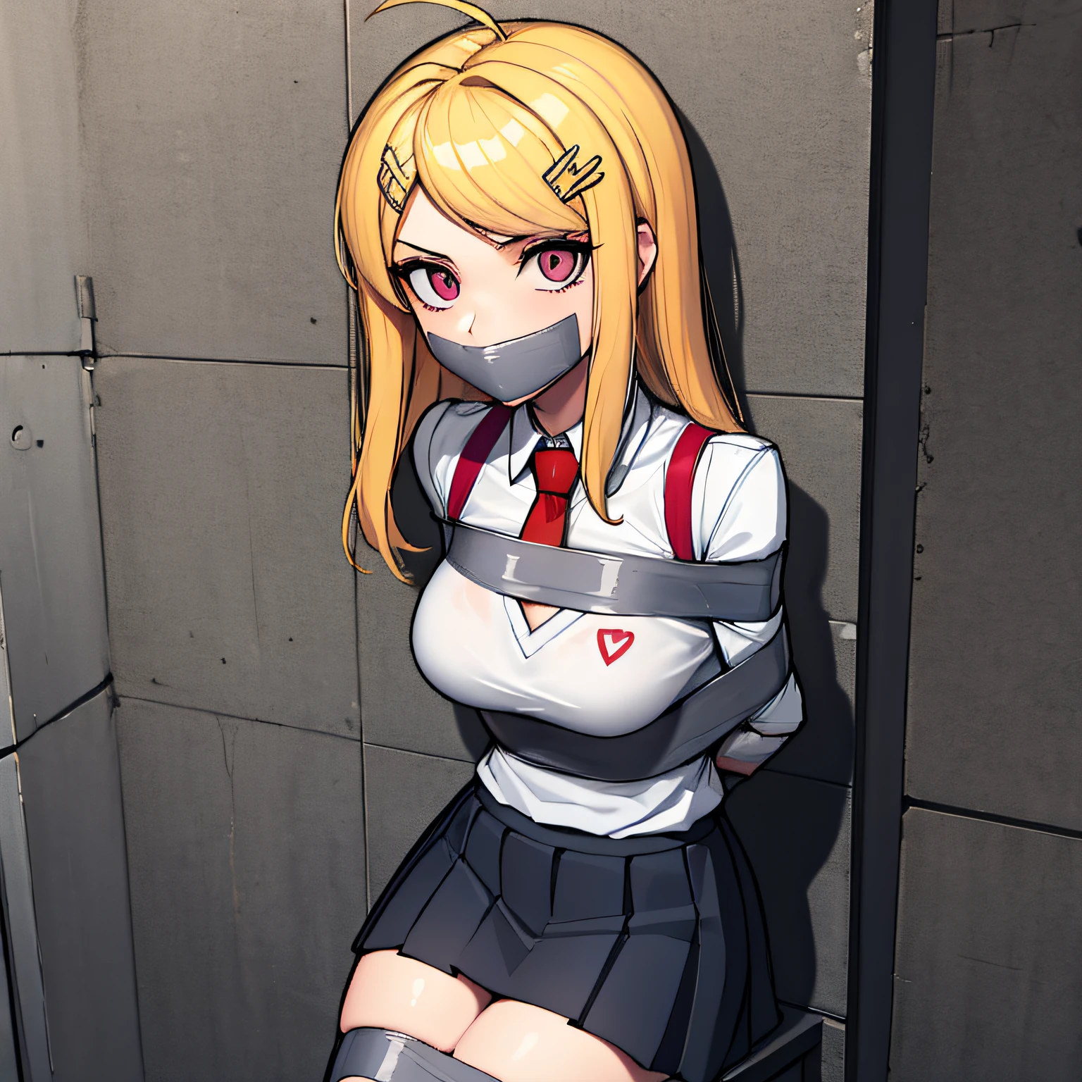 (absurdres, 8k, 4k, masterpiece, hyper extreme detailed:1.2), solo, front view portrait, best quality, portrait, solo, adult, cowboyshot, perfect anatomy, 1girl, perfect face, expressive eyes, perfect eyes, t-shirt, standing up, standing against wall, standing, kaede akamatsu, ahoge, hair ornament, long hair, musical note, musical note hair ornament, (pink eyes:1.2), hair ornament, necktie, pleated skirt, , skirt, sweater vest, large bust,  bound, bondage, (arms behind back:1.4), bdsm, tape gag, tape, tape bondage, close-up, restrained, best anatomy, half body, taped thighs, taped legs, legs together, tape wrapped, wrap gag, tightly bound, tape wrapped around face, tape above breasts, tape below breasts, light blonde hair, platinum blonde hair, platinum blonde hair,