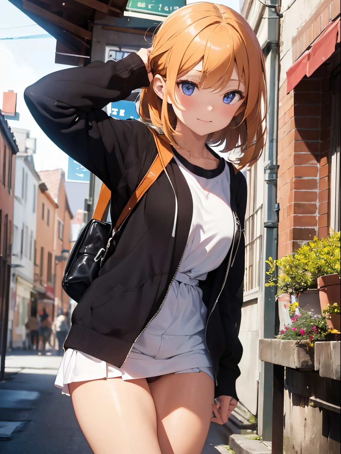 Anime girl with orange hair and blue eyes walking down a street - SeaArt AI