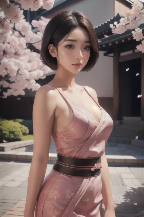 beautiful japanese young woman, thick symmetrical features, very short hair, background is cherry blossoms, pink aura, red lips,...