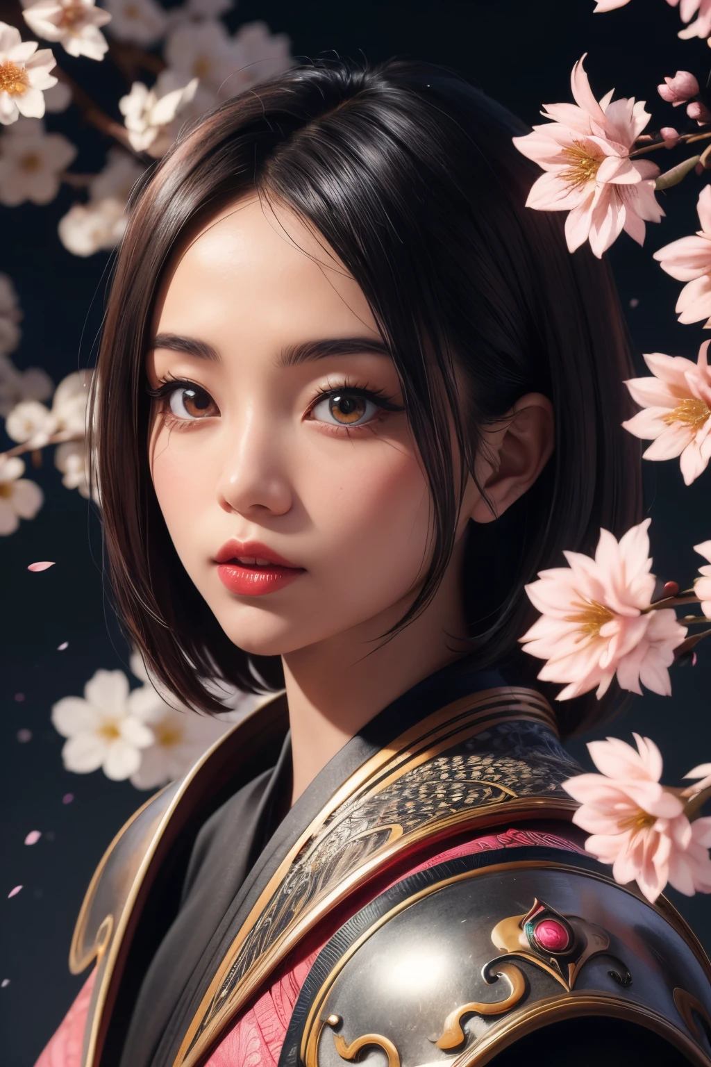 beautiful japanese young woman, wearing ninja armor, thick symmetrical features, very short hair, background is cherry blossoms, pink aura, red lips, octane render,