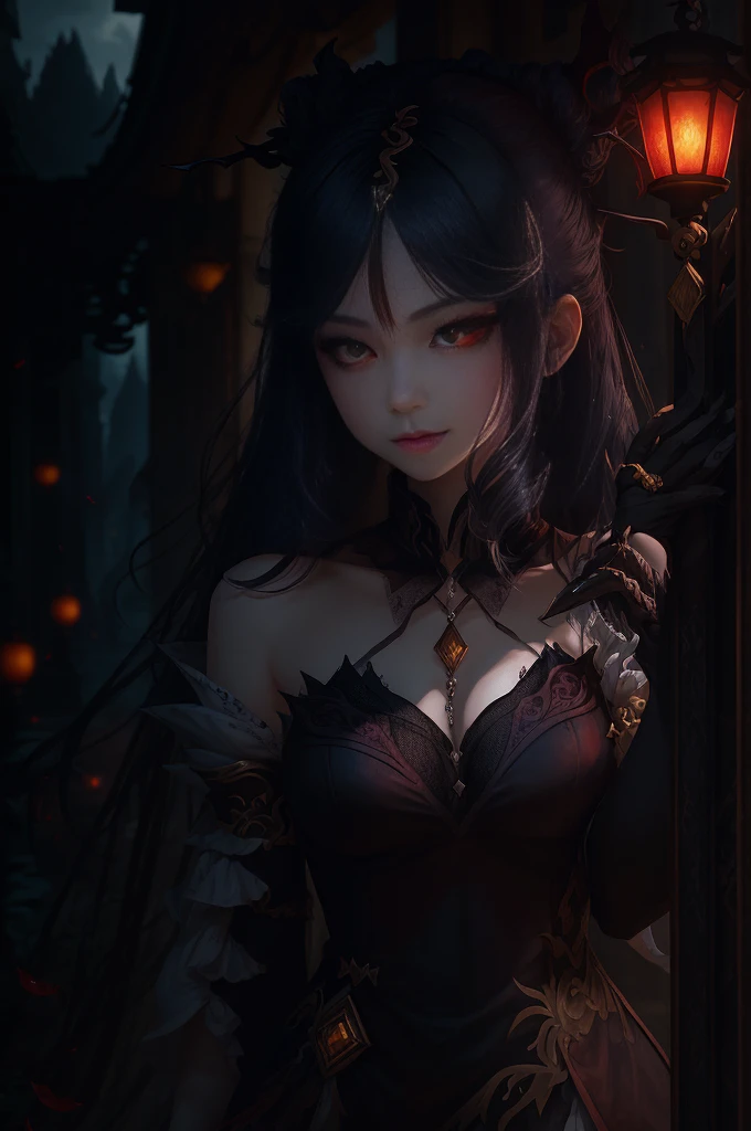Vampire Girl , Masterpiece, ,(solo:1.1), a perfect face, (vivid lighting:1.2),beautiful detail eyes, extremely detailed face, perfect  lighting,Masterpiece, Best Quality, 1girl, pale skin, hairlong, 20years old , red eyes, Fangs, A glass of blood in his hand, Complex hairstyle, vampire Fangs, open mouth, sharp teeth, vampire Fangs, in full height , seductive poseningguangdef, upper-body, ssmile, blushful, En plein air, jour, Simple background, blue skies, Short Hair Hair, The sky, temple, looks at the viewer, ladder, mountain, Gloomy lighting, facing the viewer,