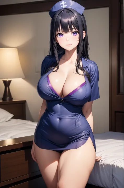 masterpiece, solo, 1girl, thea, straight navy blue hair, long hair, purple eyes, dazzlingly beautiful face, curvy figure, closed mouth, large breasts, nurse uniform, nurse cap, standing, (arms behind back), cleavage