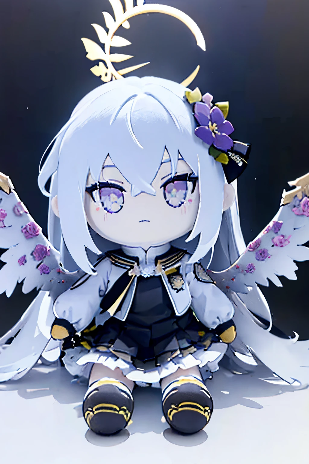 , chibi, front facing plushie, plushie, plush, fumo, girl plush, blue archive, angel wings on back, ahoge, silver hair, purple eyes, halo behind head, sitting down plush, white background, , skirt, a collared white shirt and a black dress overtop with frills and flowers, white capelet with a yellow Trinity logo on her right sleeve, a yellow Arius logo on her left sleeve and a gold Arius brooch adorned with flowers in the front, small, black undershirt, blank background