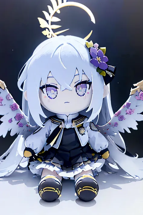 small body, chibi, front facing plushie, plushie, plush, fumo, girl plush, blue archive, angel wings on back, ahoge, silver hair, purple eyes, halo behind head, sitting down plush, white background, school uniform, skirt, a collared white shirt and a black...