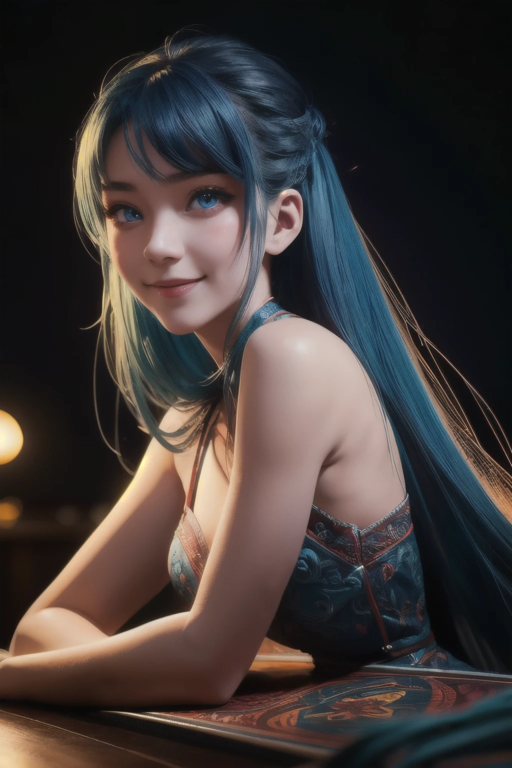 vibrant colors, dragon girl, masterpiece, sharp focus, best quality, depth of field, cinematic lighting,smile, blue hair, red eyes, long hair, very long hair,