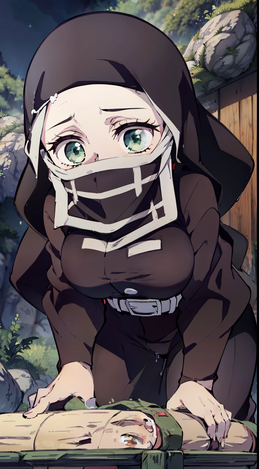 Anime girl with a hood on leaning over a fence - SeaArt AI