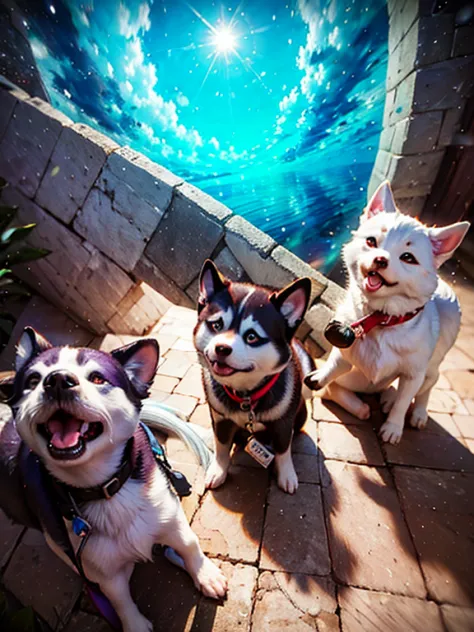 3 husky dogs,different colors eyes, cute, happy,