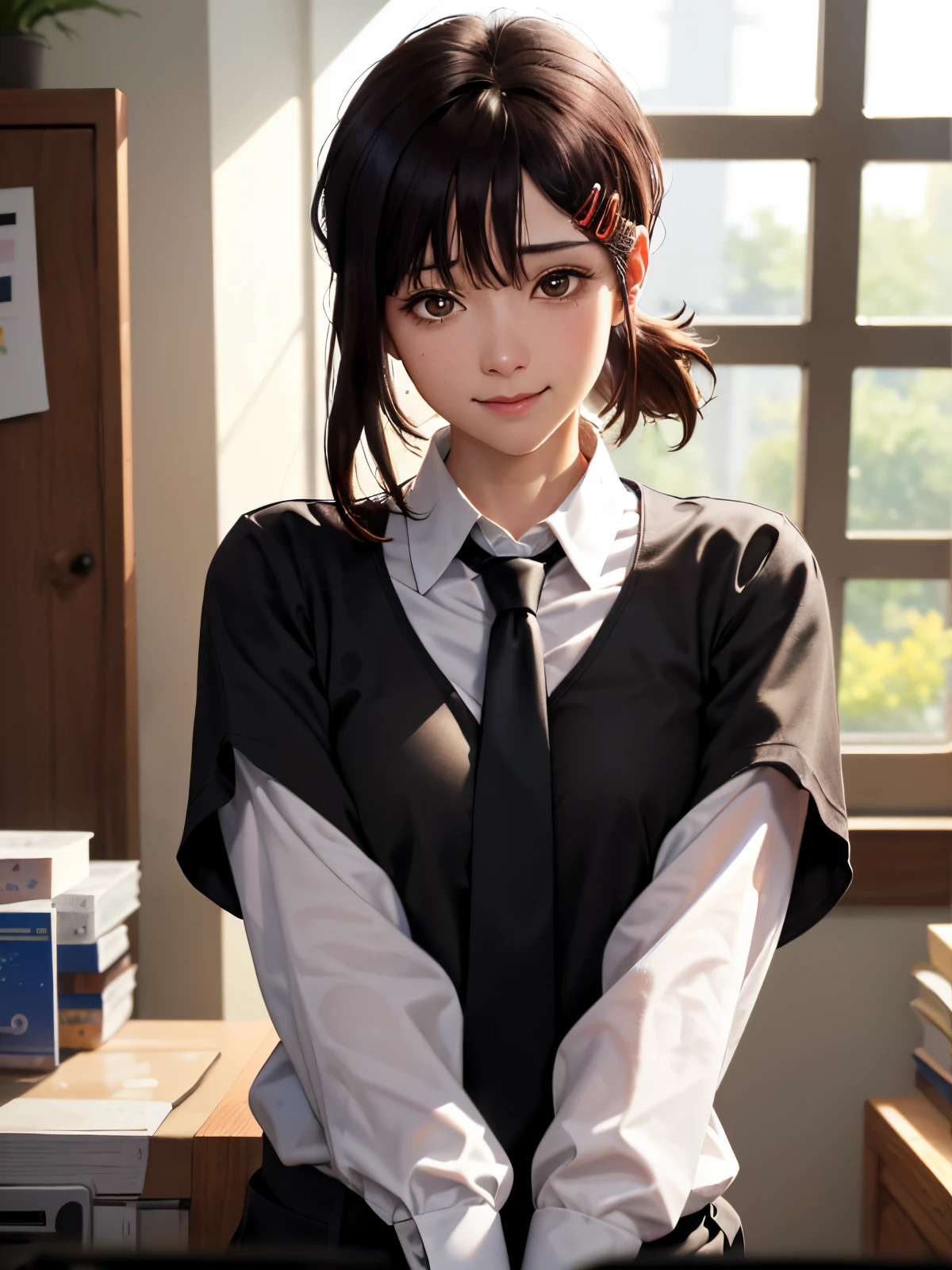 Masterpiece, Best Quality, Ultra-detailed, illustartion, epic lighting, cinematic  composition, isometric, 1girl, 独奏, Cute, Brown eyes, black hair, swept bangs, single sidelock, red hairclip, collared white shirt, black necktie, Black pants, formal, enchanting gaze, Bewitching pose, Indoors, office, through, opening door, looking a viewer, peeking out upper body, blusher, Seduction Smile, closed mouth,(8K:1.1),