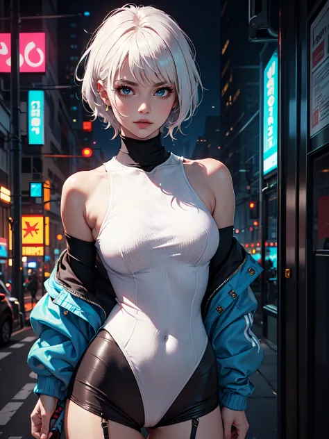 cyberpunk edgerunners, 1girl, lucy (cyberpunk), bare shoulders, blue eyes, breasts, leotard, looking at viewer, medium breasts, ...