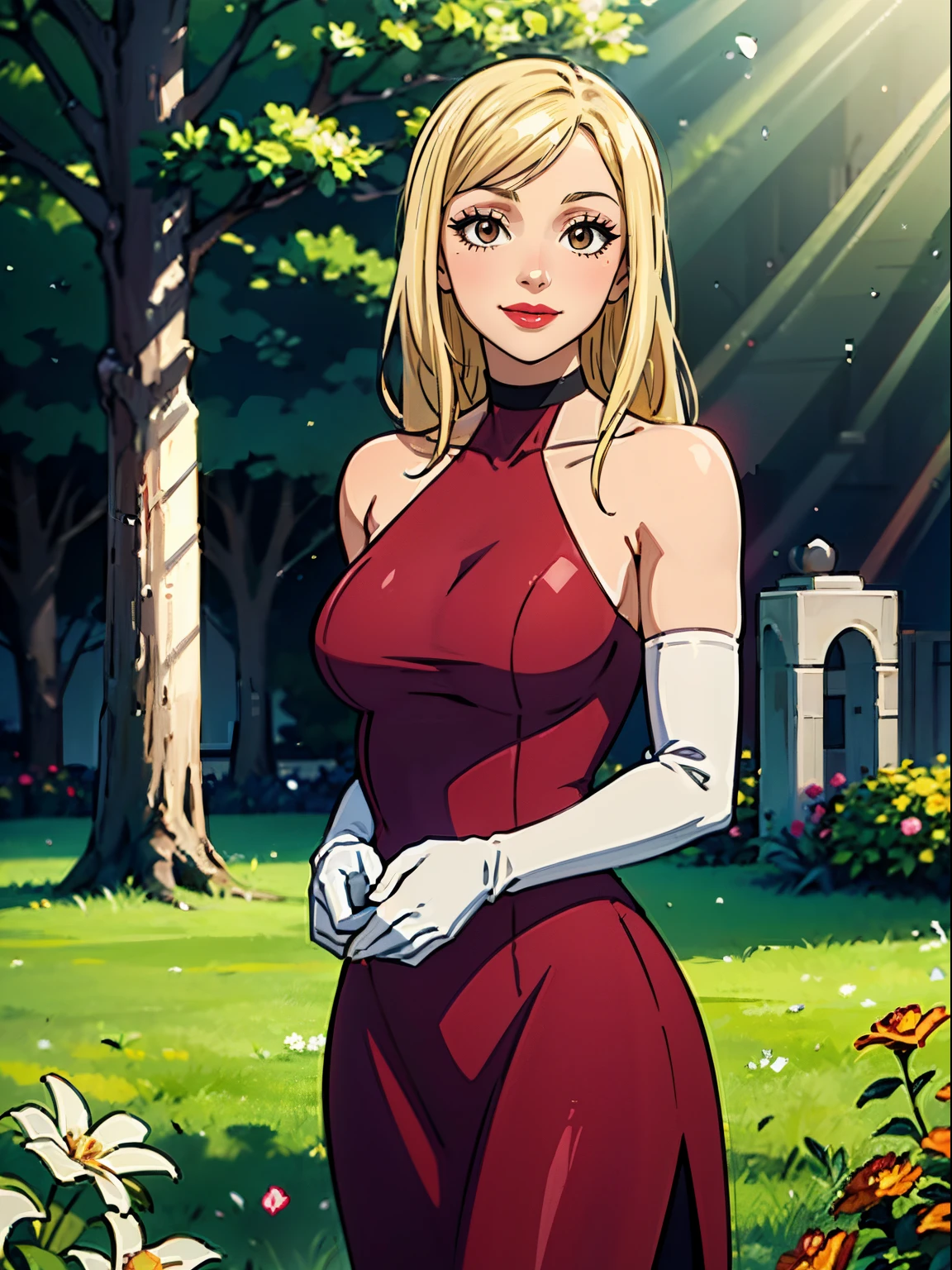 Lucy_Heartfilia, long hair, brown eyes, blonde hair, red dress, long dress, strapless dress, long white elbow gloves, smile, light red lipstick, eye shadow makeup, makeup, black choker, cowboy shot, oil painting style, soft brush strokes, vibrant colors, warm color tone, studio lighting, ultra-detailed, realistic, vivid colors, bokeh, outdoor garden scene, blooming flowers, green grass, sunlight filtering through trees, peaceful atmosphere, gentle breeze. (best quality, 4k, highres)
