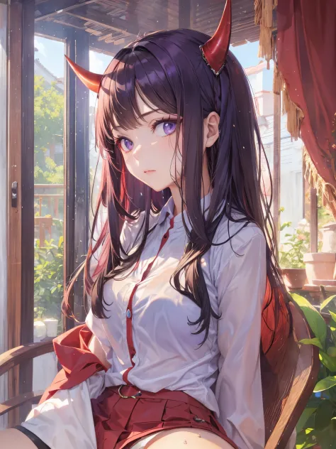 Bright red fancy cut shirt with crisp buttons、Zero Two,((red horns))、2 horns、the long hair you dream of、hair color is light purp...